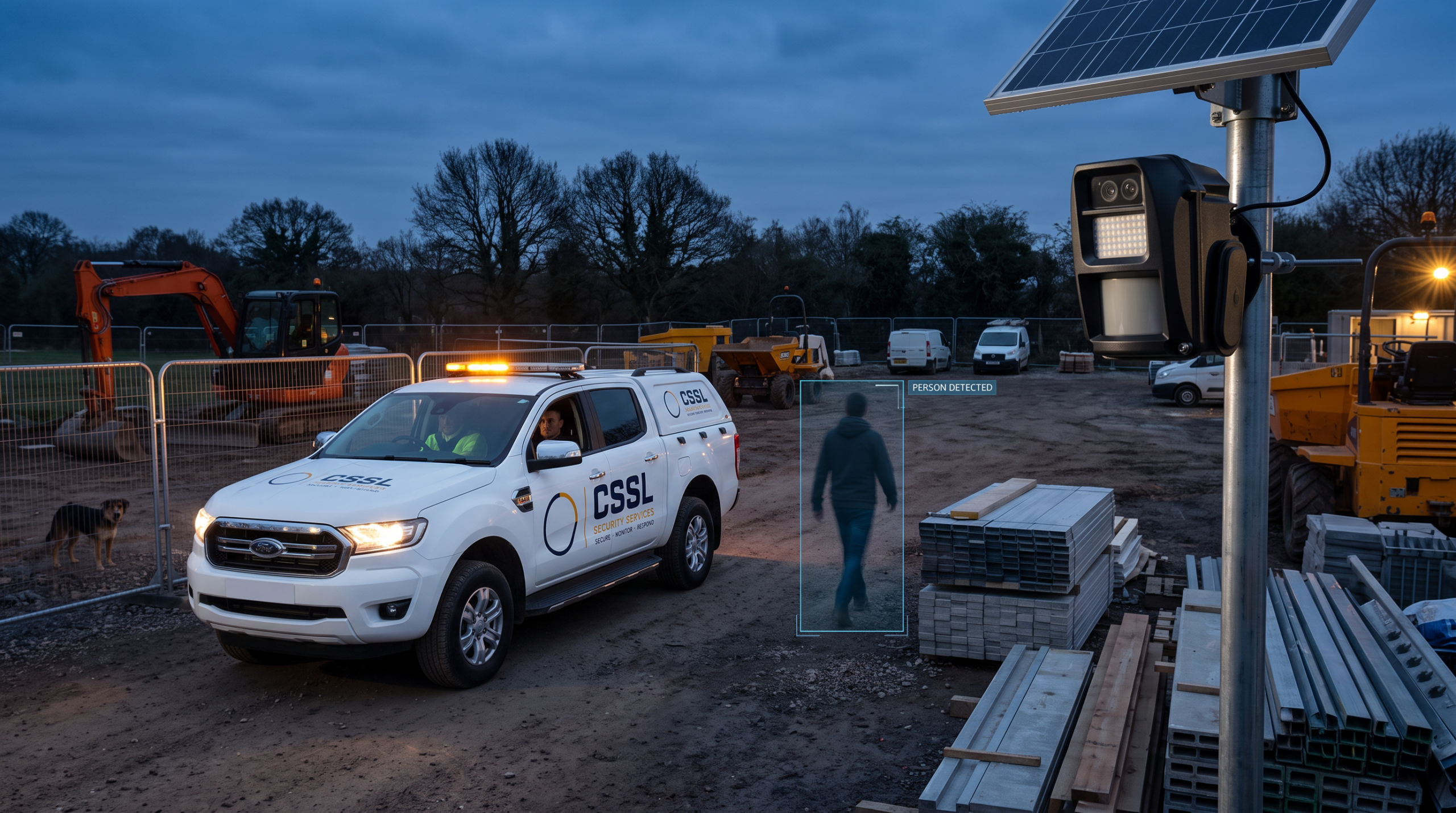 A security truck with active flashing lights patrolling a construction site at dusk next to a pole-mounted security camera, which shows a digital bounding box labeled "PERSON DETECTED" around a silhouette walking nearby.