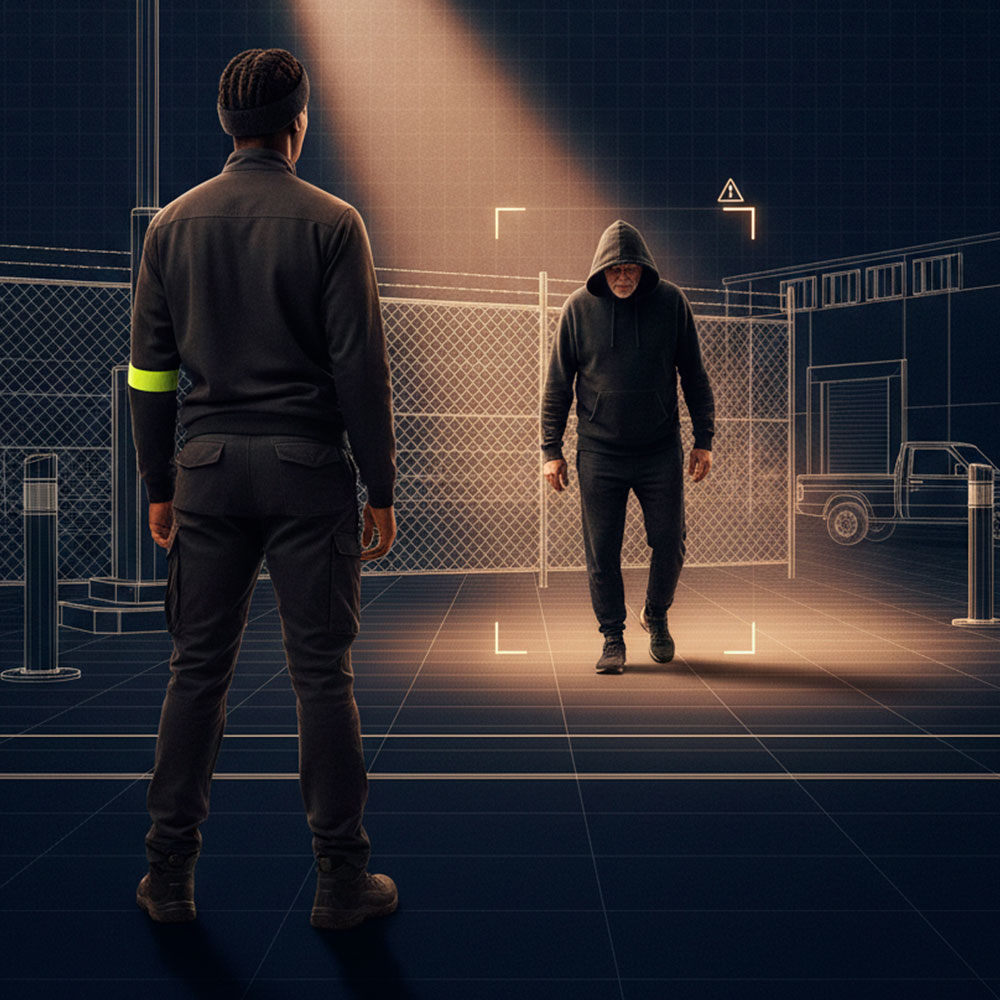 A security guard viewed from behind stands in front of a wire-fence perimeter, facing a hooded intruder who is framed by a digital AI detection box and spotlight.