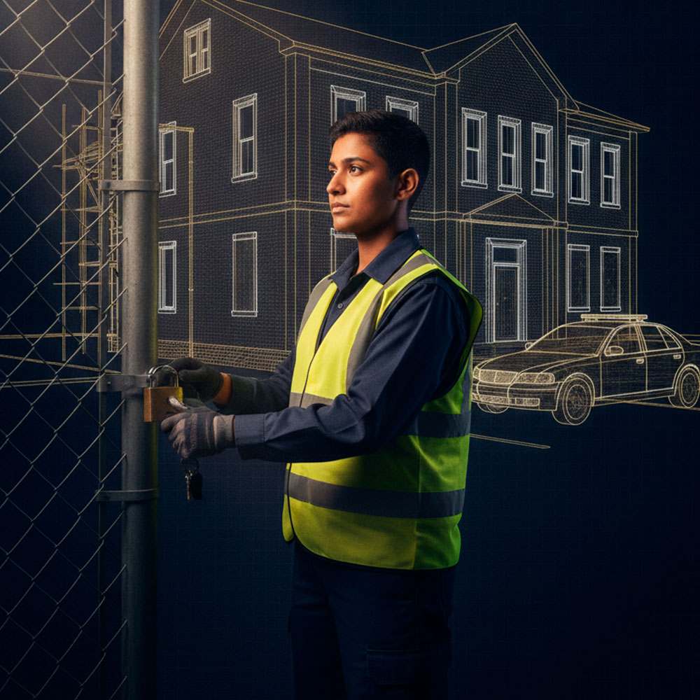 Security officer wearing a high-visibility vest unlocking a padlock on a chain-link fence, set against a dark background with a 3D wireframe illustration of a building and patrol car.