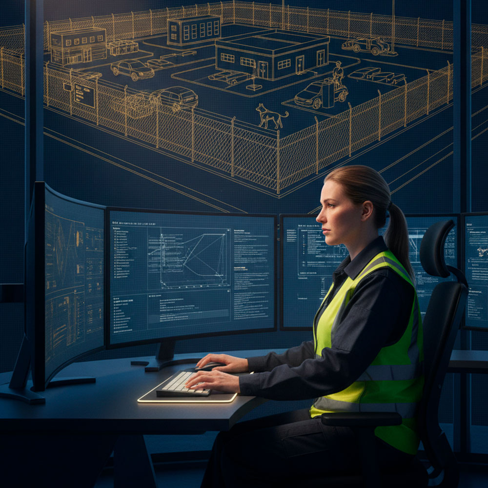 Female security operator wearing a high-visibility vest sits at a desk monitoring multiple screens displaying system data, beneath a large 3D wireframe graphic of a secured facility complex.