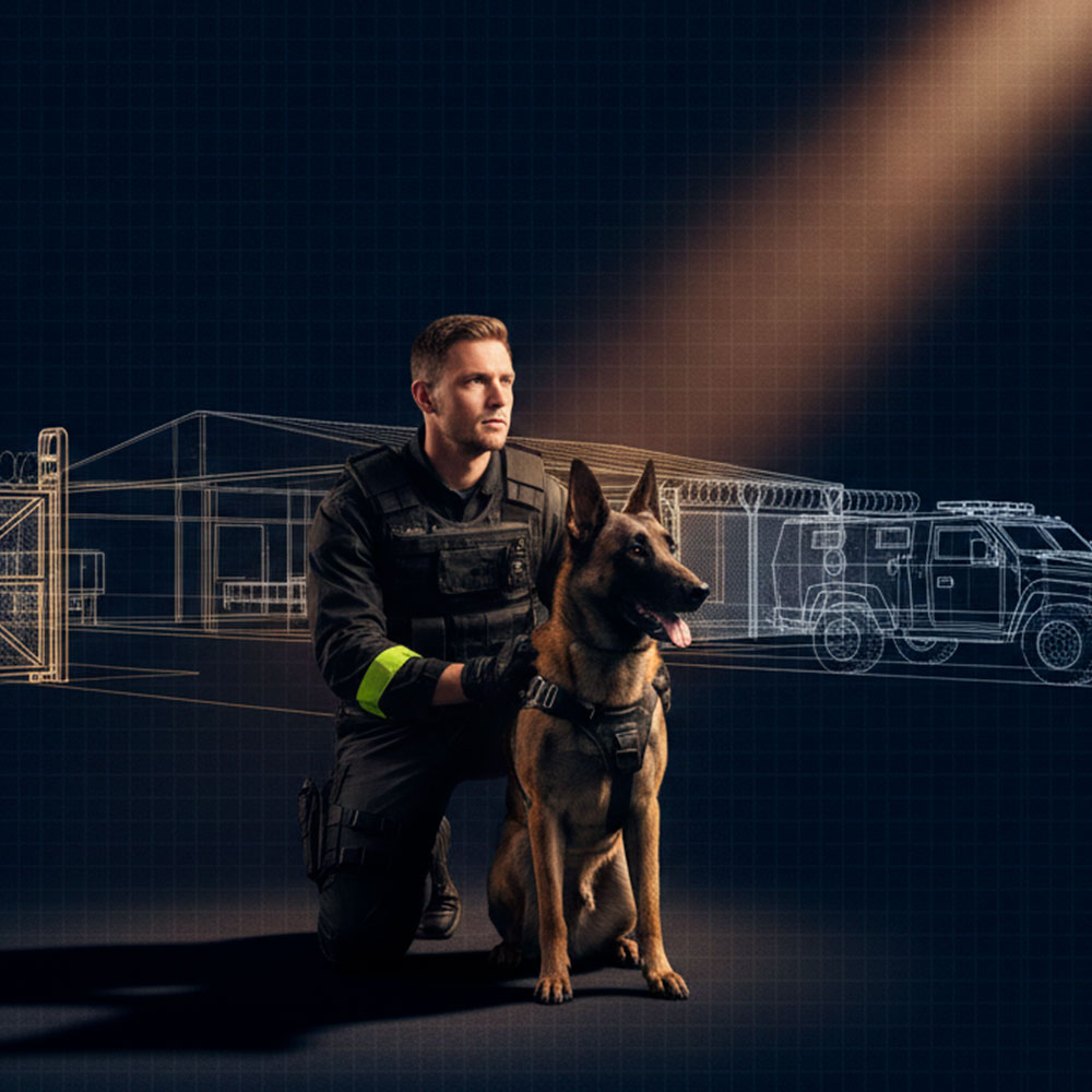 K9 security handler in black tactical gear kneeling next to a German Shepherd guard dog, illuminated by a spotlight in front of a wireframe security facility and vehicle.