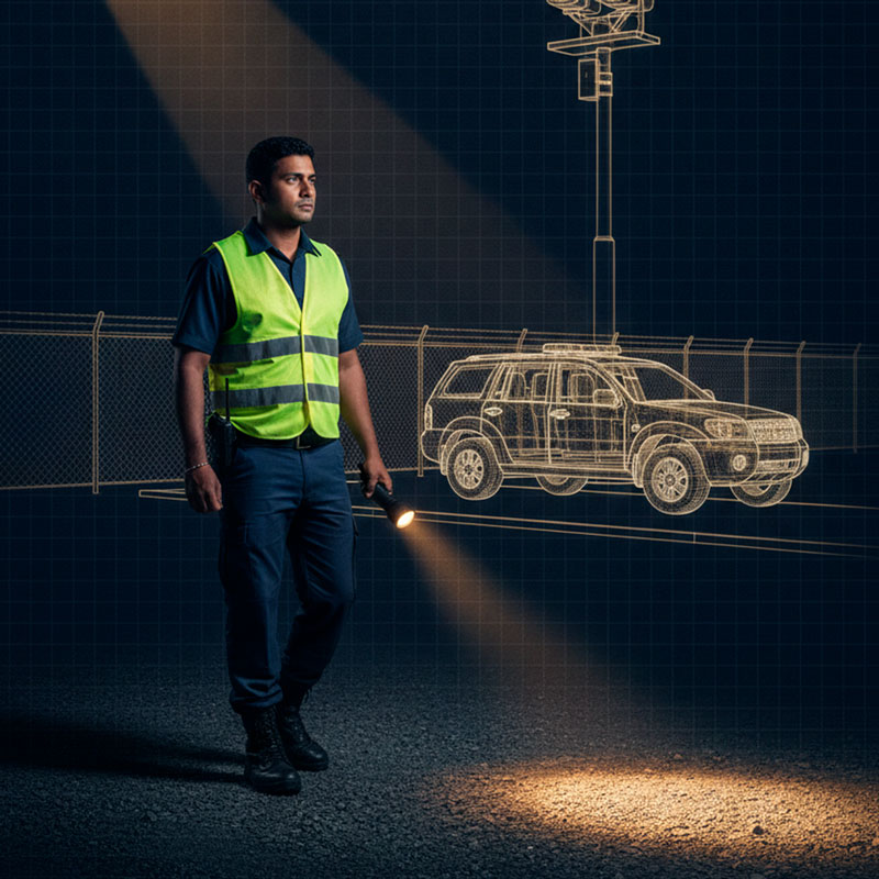 A security guard in a high-visibility vest shines a flashlight at night, standing next to a 3D wireframe outline of an SUV, security camera pole, and fence.