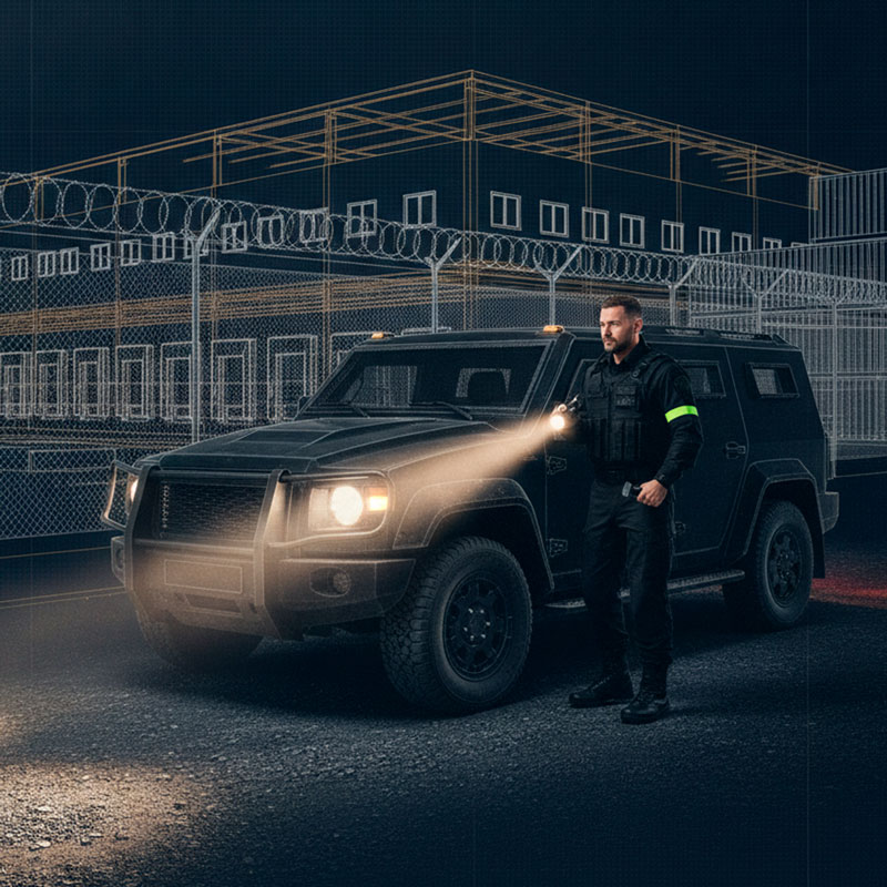 Security guard in dark tactical gear shining a flashlight while standing beside a black security SUV, with a wireframe building and perimeter fence graphic in the background.
