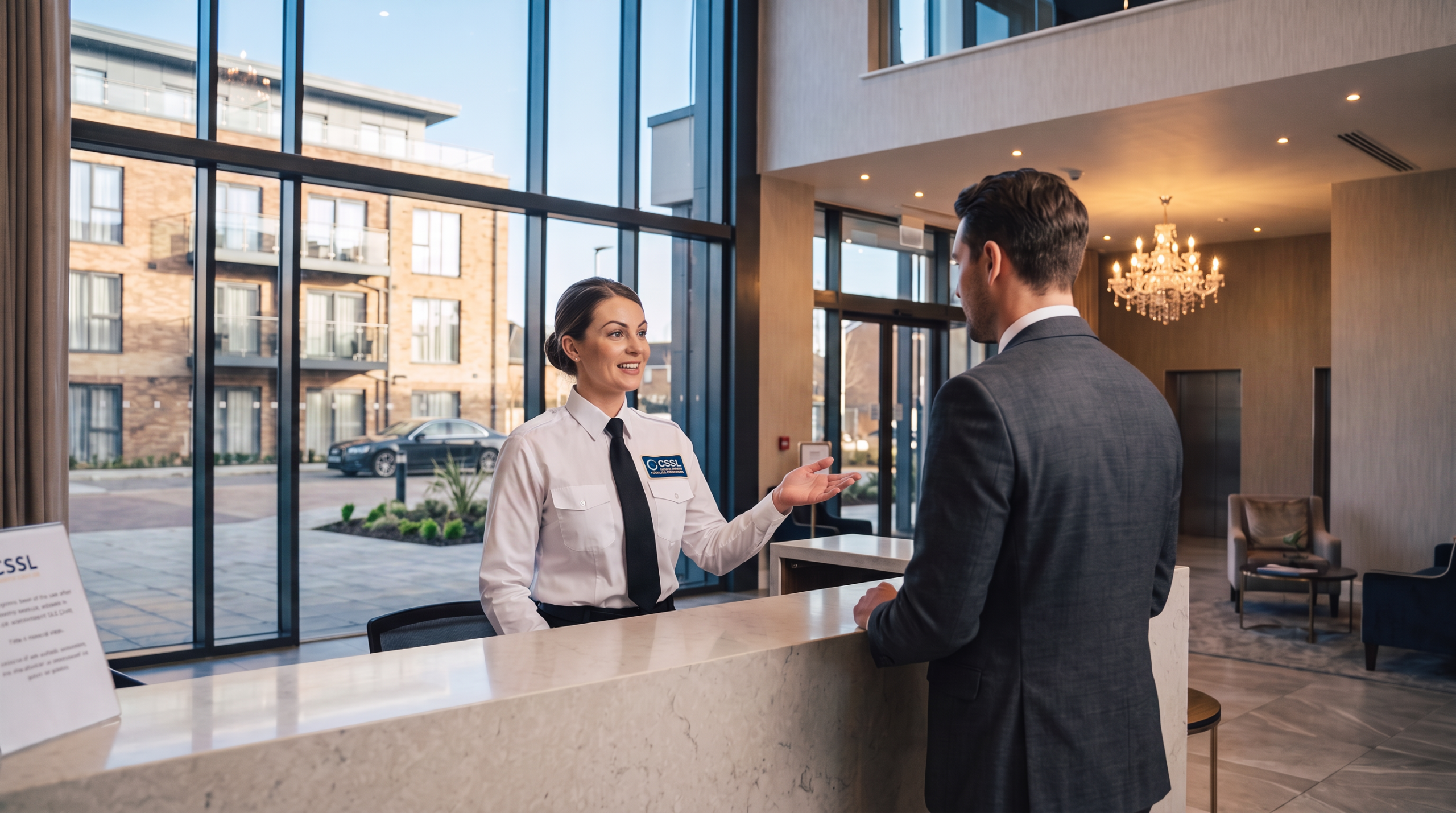A smiling receptionist in a white collared shirt, black tie, and badge stands behind a reception desk, gesturing with her hand while assisting a man in a grey suit. Large floor-to-ceiling windows behind them show an outdoor parking area and residential buildings.