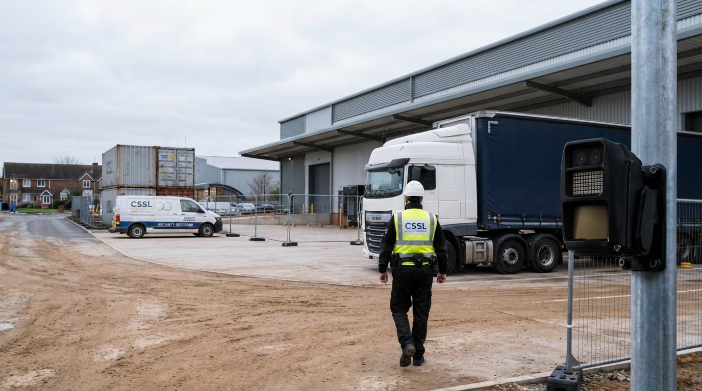 A security guard in a high-visibility vest and hard hat walking toward a large white semi-truck parked outside an industrial warehouse facility. A white branded van and stacked shipping containers are visible in the background.