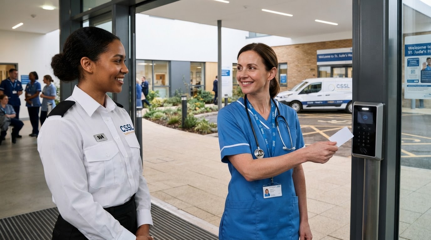 A smiling nurse in blue scrubs holding a white access card up to an electronic keycard reader at a building entrance while looking towards a female security guard in a white uniform shirt with epaulets.