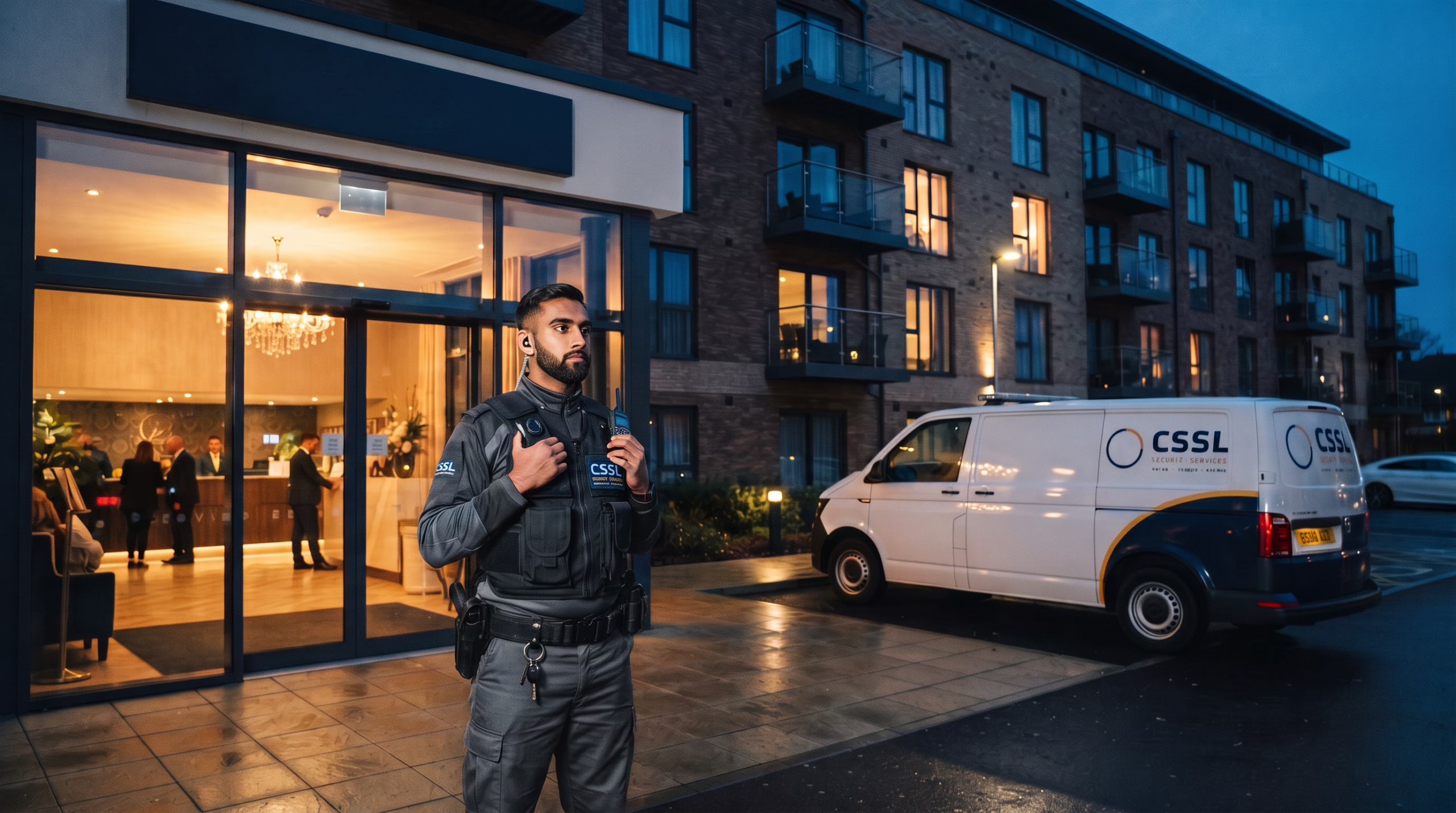 A security officer wearing a tactical vest and radio stands guard outside a brightly lit building at dusk, with a CSSL-branded security van parked in the background.